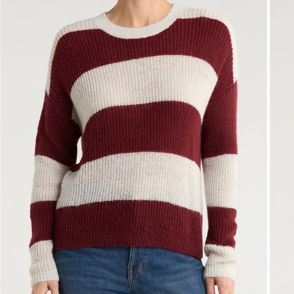 NWT  Madewell  Burgundy Red & Cream Striped Pullover Rosario Sweater - M